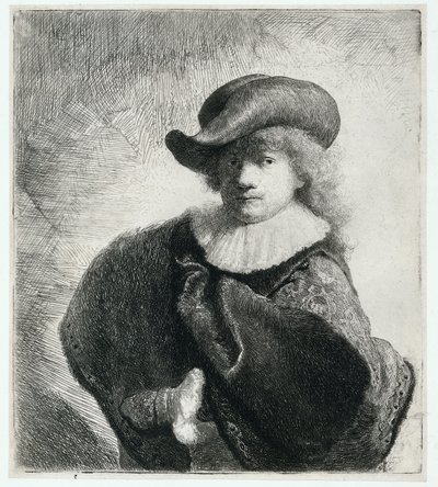 Självporträtt i en mjuk hatt och mönstrad mantel av Rembrandt Harmensz. van Rijn