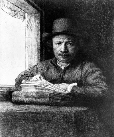 Självporträtt medan du ritar av Rembrandt van Rijn