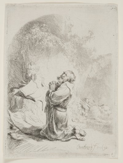 St. Hieronymus ber: välvt tryck av Rembrandt van Rijn