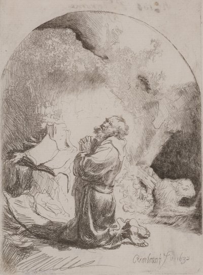 St. Hieronymus ber: välvt tryck av Rembrandt van Rijn