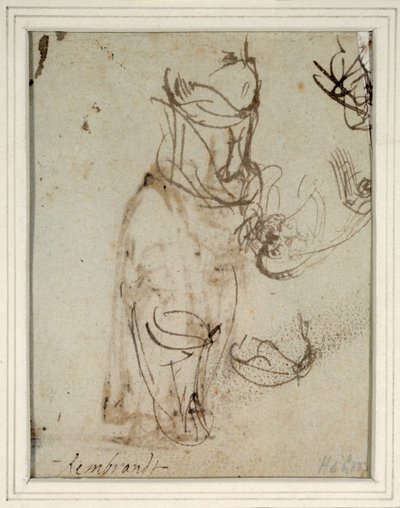 Studier av en hög huvudbonad; och ett huvud omvänt från recto (penna och bläck på papper) (baksidan av 2636119) av Rembrandt Harmensz. van Rijn