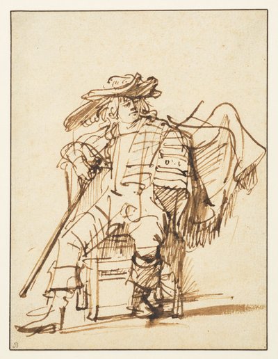 Studie av en sittande skådespelare i en plymerad hatt - Capitano från Commedia dell"Arte, recto, 1636-c.1638 av Rembrandt van Rijn