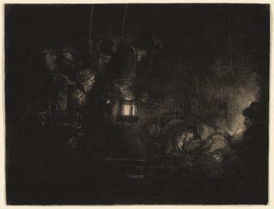 The Adoration of the Shepherds: A Night Piece, c. 1657 (etsning, torrnål och burin i svart på elfenbenslagt papper) av Rembrandt Harmensz. van Rijn