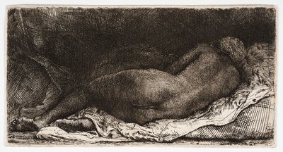 Den nakna kvinnan sover med skinkorna i vinden, av Rembrandt Harmensz. van Rijn