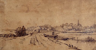 Vy över Sloten, ca 1650 (penna och bläck med brun tvätt på papper) av Rembrandt Harmensz. van Rijn