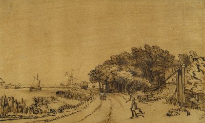 Utsikt över Amstel: vägen på Amsteldijk som leder till Trompenburg, ca 1649-50 (penna & bläck med brun tvätt & vit kroppsfärg på papper) av Rembrandt Harmensz. van Rijn
