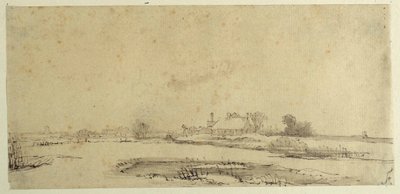 Vatten, ängar och en bondgård (penna och bläck på papper) av Rembrandt Harmensz. van Rijn