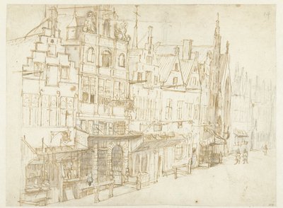 Vy över en rad hus i en stad av Rembrandt van Rijn (school of)
