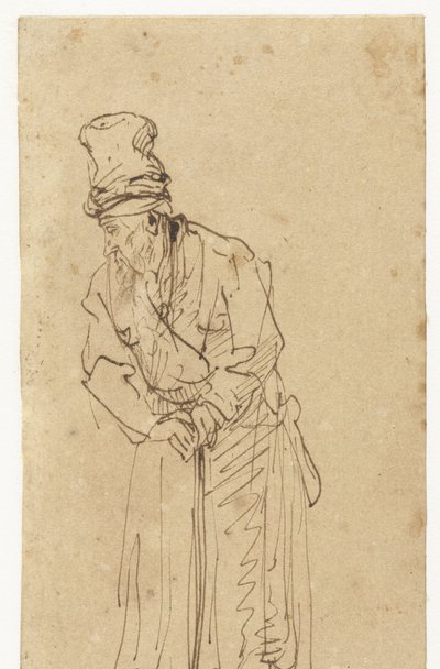 Gammal man lutad på en pinne av Rembrandt van Rijn (school of)