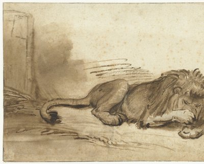 Lutande lejon med framtassen över nospartiet av Rembrandt van Rijn (school of)