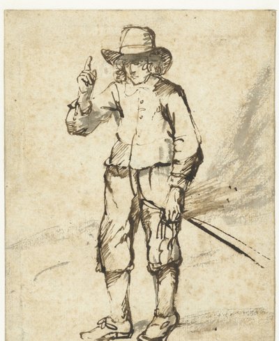 Stående pojke som håller en piska och höjer sin högra hand av Rembrandt van Rijn (school of)