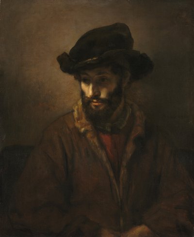 En skäggig man som bär en hatt av Rembrandt van Rijn