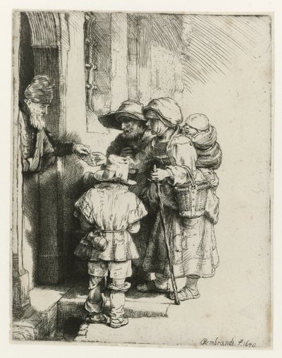 En blind gurdy-spelare och hans familj En blind gurdy-spelare och familj som får allmosor av Rembrandt van Rijn