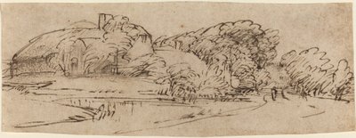 Ett landskap med gårdsbyggnader bland träd av Rembrandt van Rijn