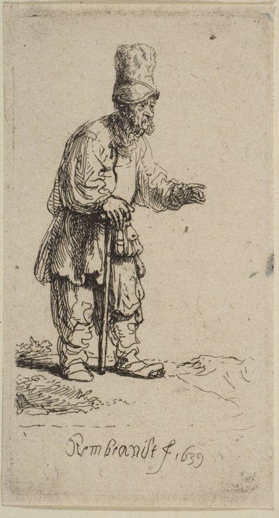 En bonde med hög mössa, stående lutad på en pinne, 1639. av Rembrandt van Rijn
