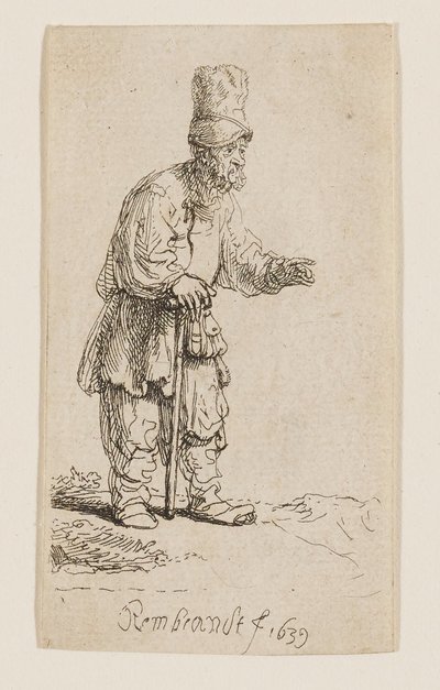 En bonde i hög mössa, stående och lutad mot en käpp av Rembrandt van Rijn