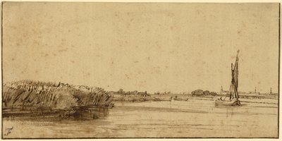 A Sailing Boat on a Wide Expanse of Water, c.1650 (penna och brunt bläck och brunt tvätt, på tonat papper) av Rembrandt van Rijn