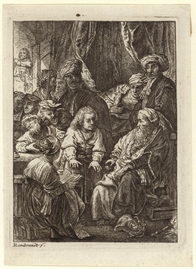 En folkmassa samlas runt en sittande gammal man. av Rembrandt van Rijn