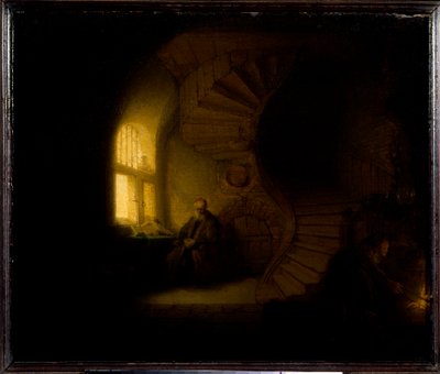 En filosof i meditation Målning av Harmenszoon van Rijn dit Rembrandt (1606-1669) 1632 Sön. 0,28x0,34 m Paris, Louvren av Rembrandt van Rijn