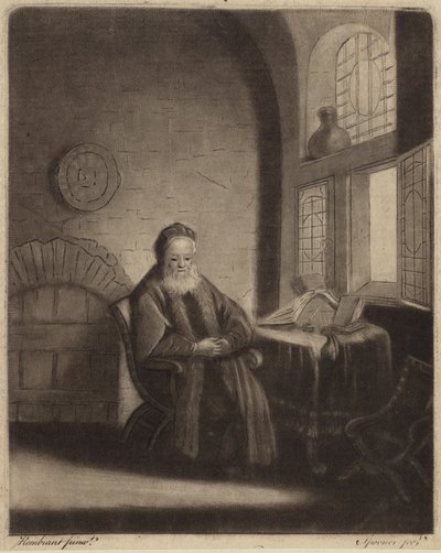 En äldre skäggig filosof som sitter vid ett skrivbord framför ett fönster av Rembrandt van Rijn