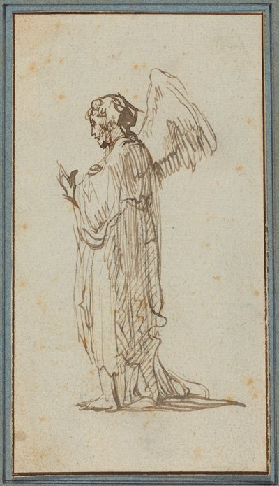 Angel Standing (penna och brunt bläck över spår av träkol på liggande papper) av Rembrandt van Rijn