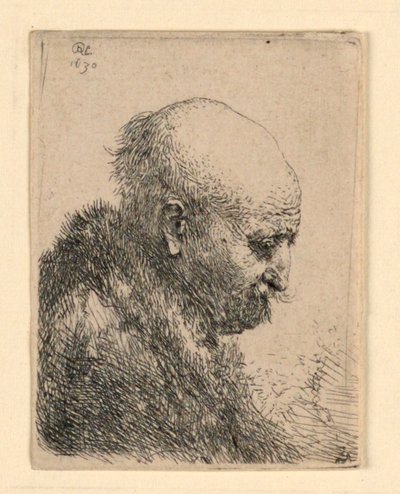 Skallig man i profil höger: liten byst; Konstnärens far? av Rembrandt van Rijn