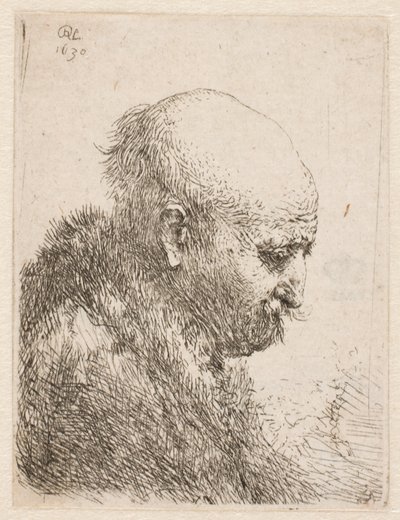 Skallig man (Rembrandts far) i profil åt höger; liten byst av Rembrandt van Rijn