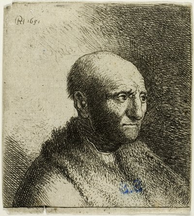 Skallig man i en pälsmantel: Byst av Rembrandt van Rijn