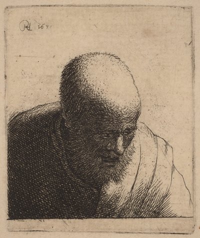 En skallig man med öppen mun som tittar ner av Rembrandt van Rijn