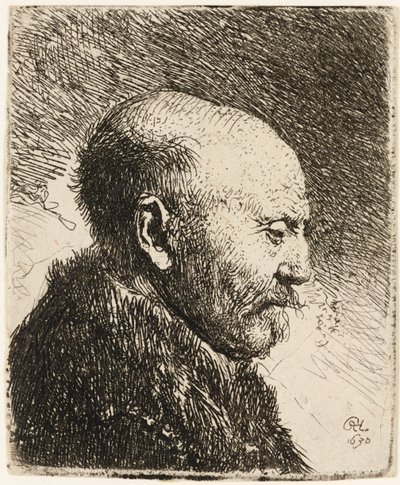 Skallig man i profil höger: Rembrandts far 1630. av Rembrandt van Rijn