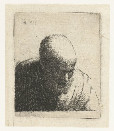 Skallig man med öppen mun, tittar ner: byst av Rembrandt van Rijn