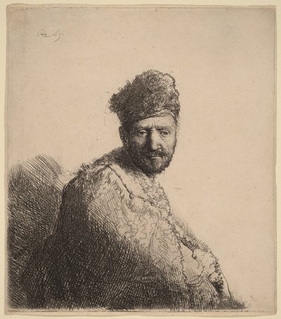 En skäggig man i en pälskantad orientalisk mössa och mantel: konstnärens far av Rembrandt van Rijn
