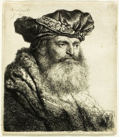 Skäggig man i sammetsmössa med juvellås av Rembrandt van Rijn