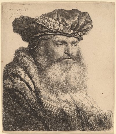 Skäggig man i sammetsmössa med ett juvellås av Rembrandt van Rijn