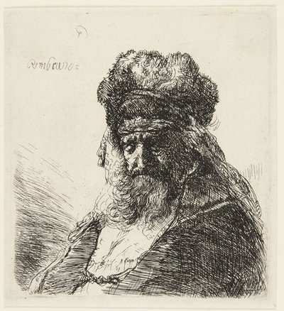 En skäggig gammal man med en hög pälsmössa och slutna ögon av Rembrandt van Rijn