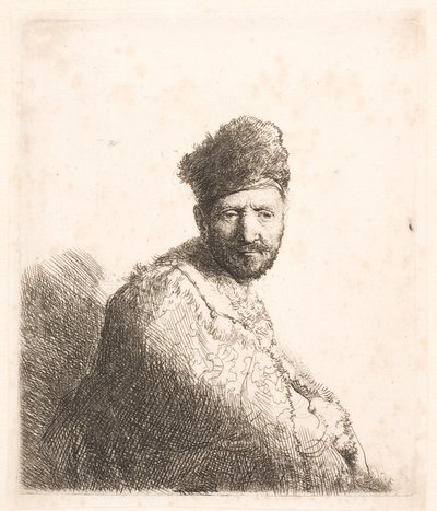 Skäggig man (Rembrandts far) i orientalisk mössa och mantel med pälskant: halvfigur av Rembrandt van Rijn