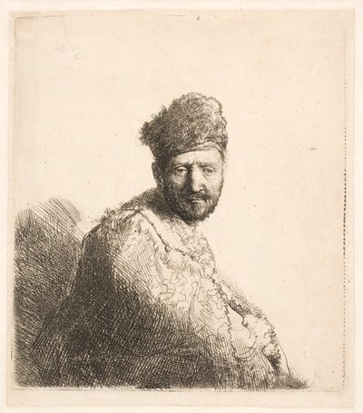Skäggig man (Rembrandts far) i orientalisk mössa och mantel med pälskant: halvfigur av Rembrandt van Rijn
