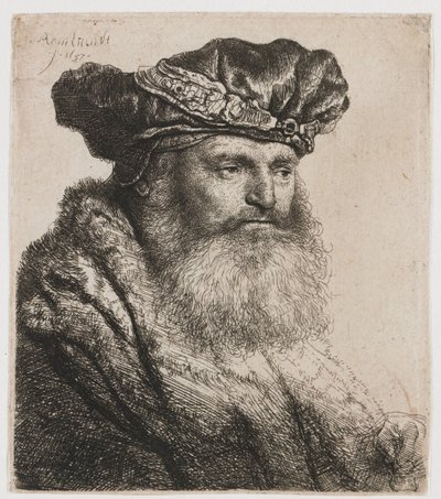 Skäggig man i sammetsmössa med juvellås av Rembrandt van Rijn