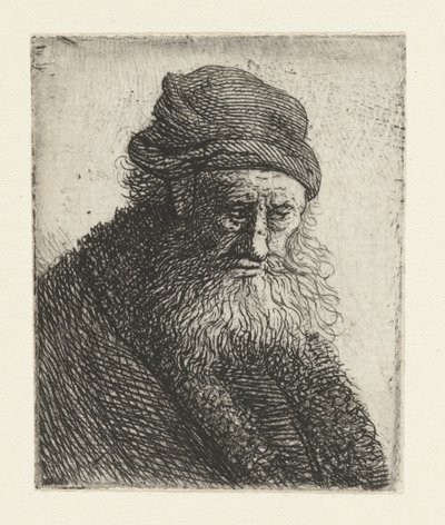 Skäggig man med kort vågigt hår: byst av Rembrandt van Rijn