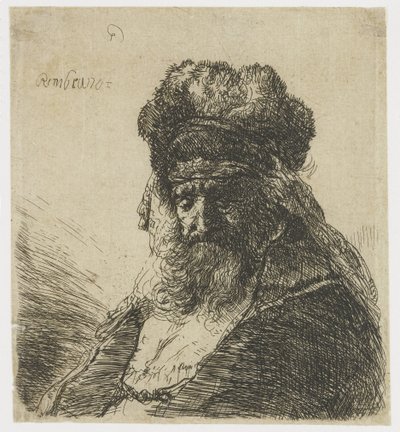 Skäggig gubbe i en hög pälsmössa, med slutna ögon av Rembrandt van Rijn