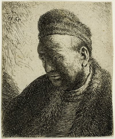 Skägglös man i pälsmantel och mössa: byst av Rembrandt van Rijn