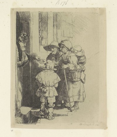 Tiggerfamiljen får allmosor vid dörren till ett hus Recueil de quatre-vingt-cinq estampes originales (serietitel) av Rembrandt van Rijn