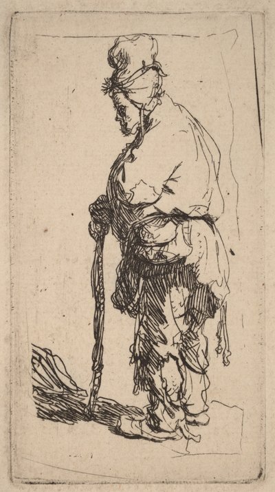 Tiggare som stöder sig på en käpp, vänd mot vänster av Rembrandt van Rijn