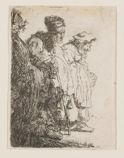 En tiggare och en tiggarkvinna bakom en bank av Rembrandt van Rijn