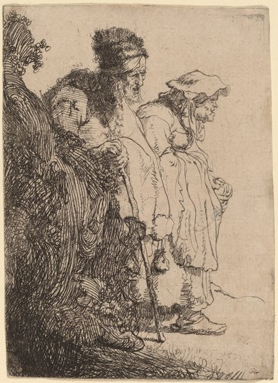 Tiggare Man och kvinna bakom en bank av Rembrandt van Rijn