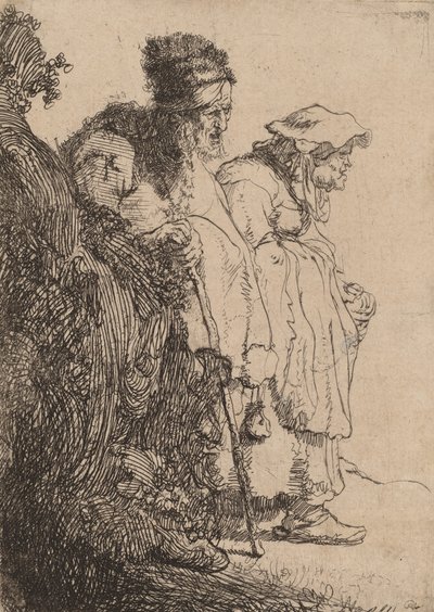 Tiggare Man och kvinna bakom en bank, ca. 1630. av Rembrandt van Rijn