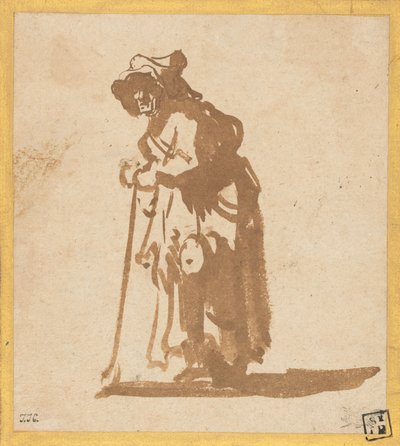 Tiggarkvinna lutad på en pinne av Rembrandt van Rijn