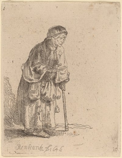 Tiggarkvinna lutad på en pinne av Rembrandt van Rijn