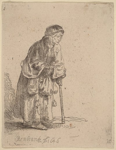 En tiggarkvinna som stöder sig på en käpp av Rembrandt van Rijn