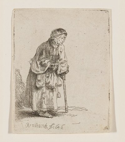 Tiggarkvinna lutad mot en käpp av Rembrandt van Rijn
